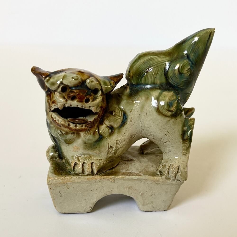 Foo Dog Figurine ShiShi Lion Ceramic Green Glaze 3.5in Vintage Asian Statue